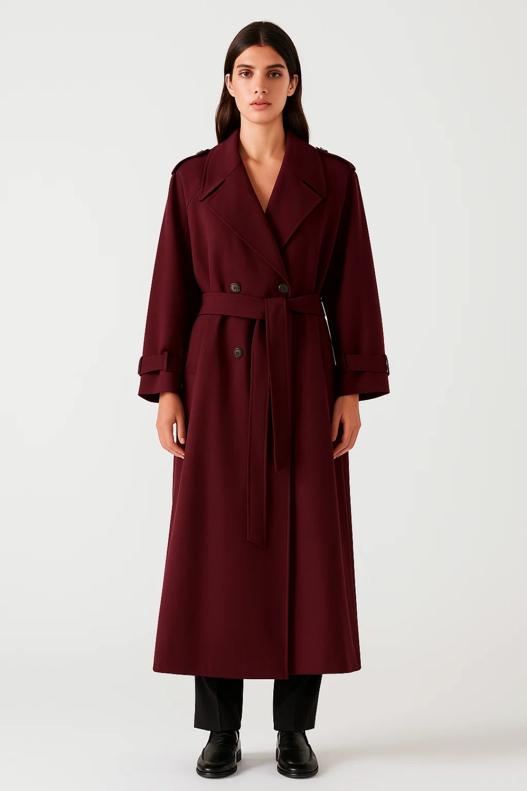 Manteau Long Croisé Femme | Ceinture à la Taille | Rouge Bordeaux Élégant