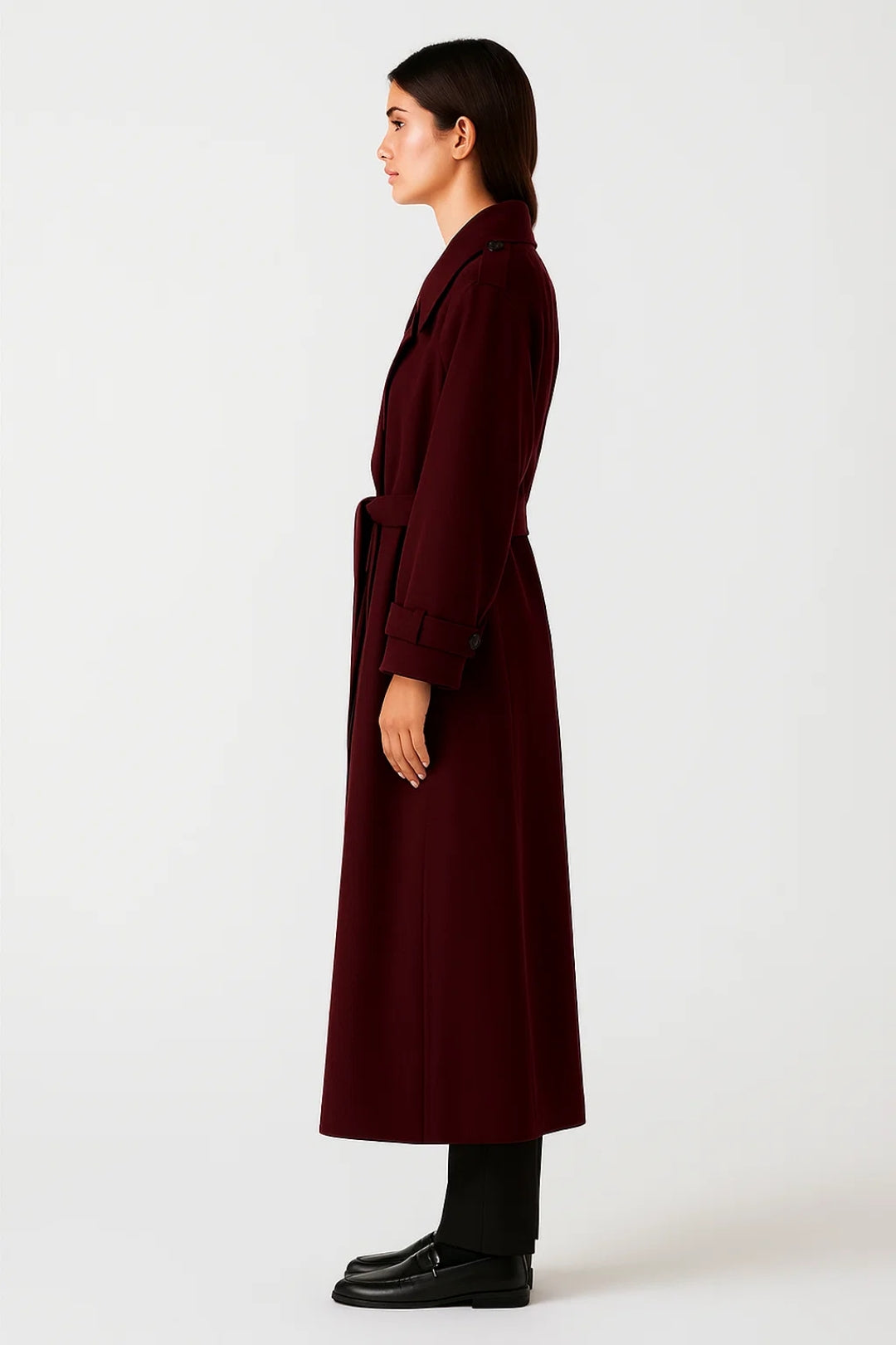 Manteau Long Croisé Femme | Ceinture à la Taille | Rouge Bordeaux Élégant