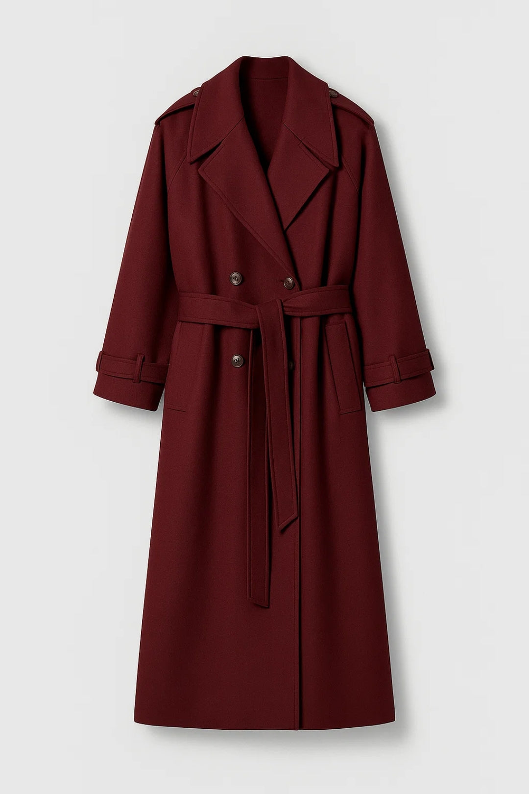 Manteau Long Croisé Femme | Ceinture à la Taille | Rouge Bordeaux Élégant
