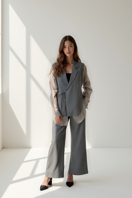 Ensemble Femme | Veste Voilée & Pantalon Large | Élégance Moderne et Fluide