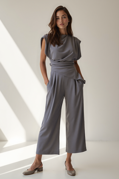 Ensemble Femme Pantalon & Top | Épaules Structurées | Taille Drapée