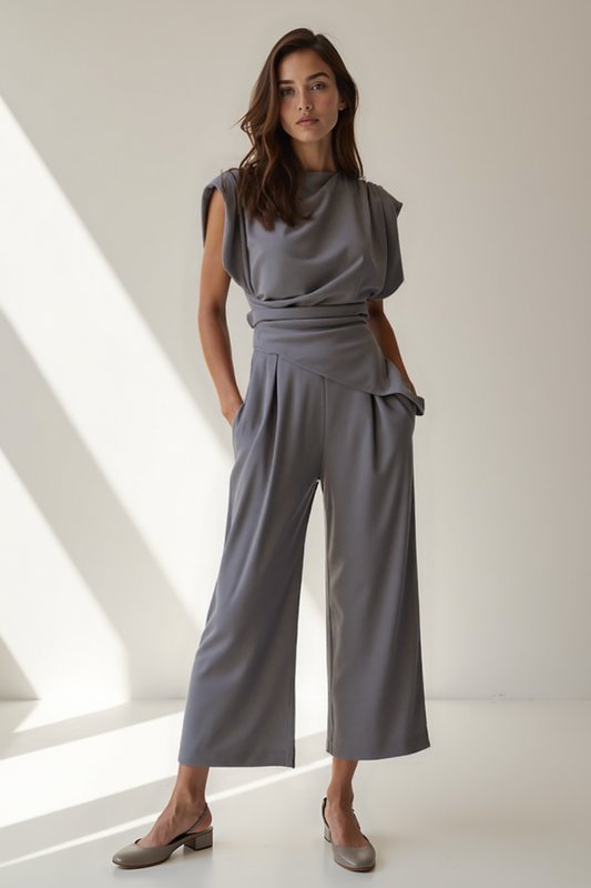Ensemble Femme Pantalon & Top | Épaules Structurées | Taille Drapée