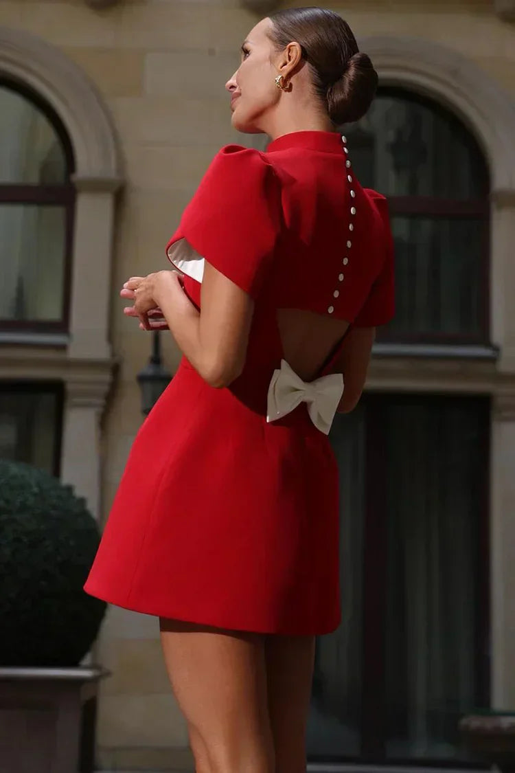 Estelle - Robe Mariage Invitée Mini Femme Élégante avec Col Montant et Manches Bouffantes Évasées