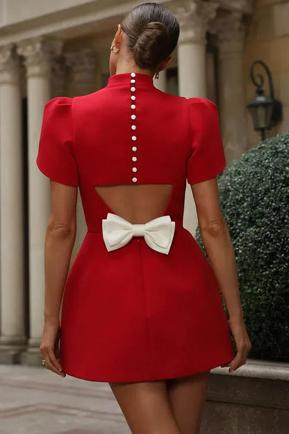 Estelle - Robe Mariage Invitée Mini Femme Élégante avec Col Montant et Manches Bouffantes Évasées