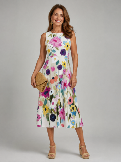 Flore - Robe d'Été Chic Femme sans Manches avec Imprimé Fleuri et Jupe Plissée