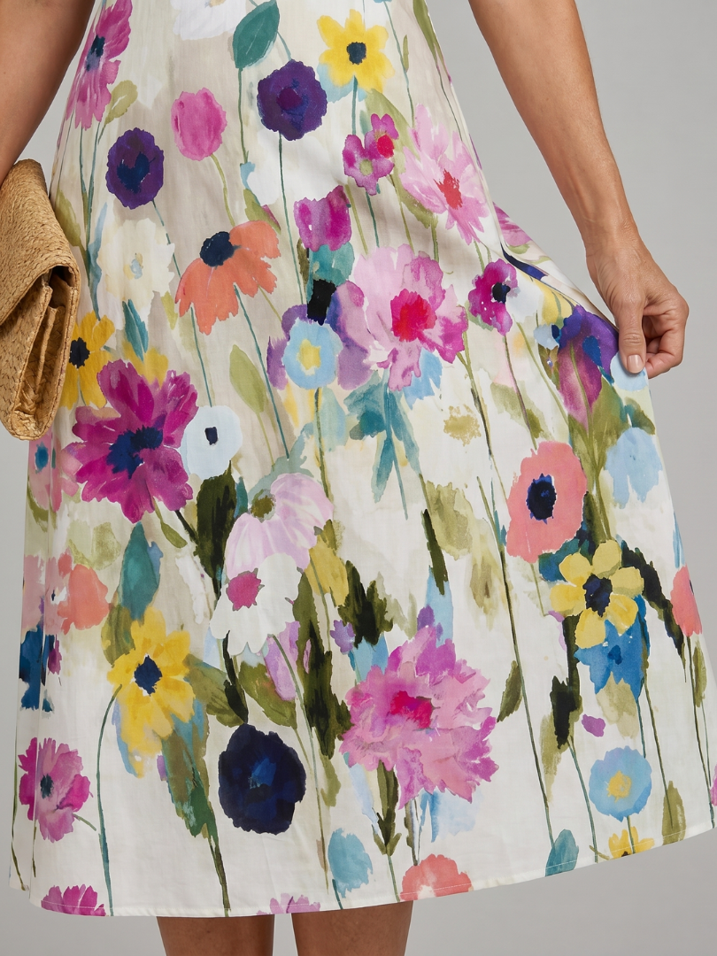 Flore - Robe d'Été Chic Femme sans Manches avec Imprimé Fleuri et Jupe Plissée
