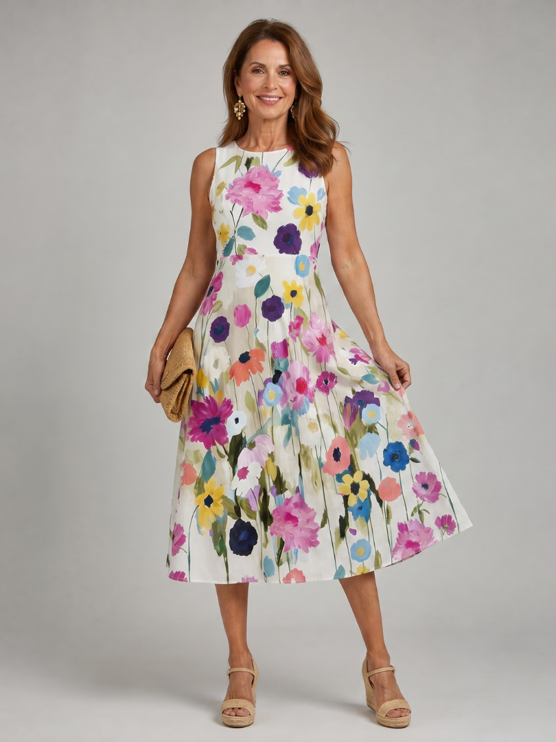 Flore - Robe d'Été Chic Femme sans Manches avec Imprimé Fleuri et Jupe Plissée