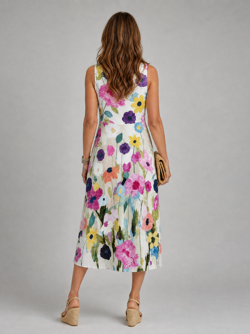 Flore - Robe d'Été Chic Femme sans Manches avec Imprimé Fleuri et Jupe Plissée