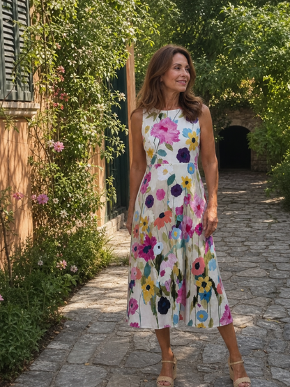 Flore - Robe d'Été Chic Femme sans Manches avec Imprimé Fleuri et Jupe Plissée