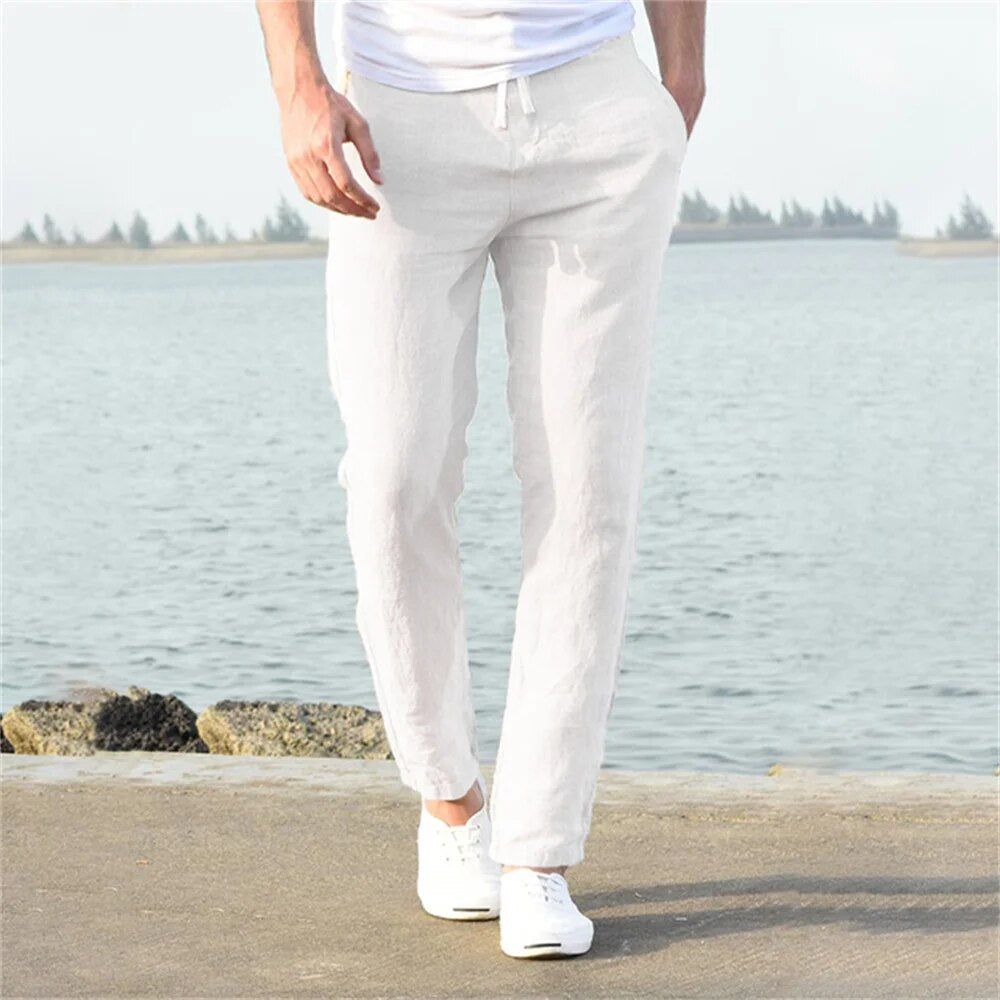 Théo - Pantalon en Lin Homme Casual avec Cordon de Serrage et Coupe Droite