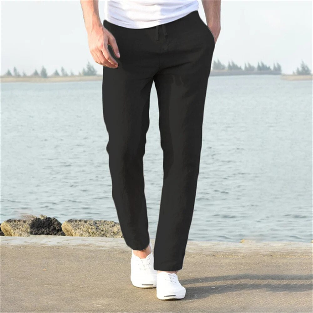 Théo - Pantalon en Lin Homme Casual avec Cordon de Serrage et Coupe Droite
