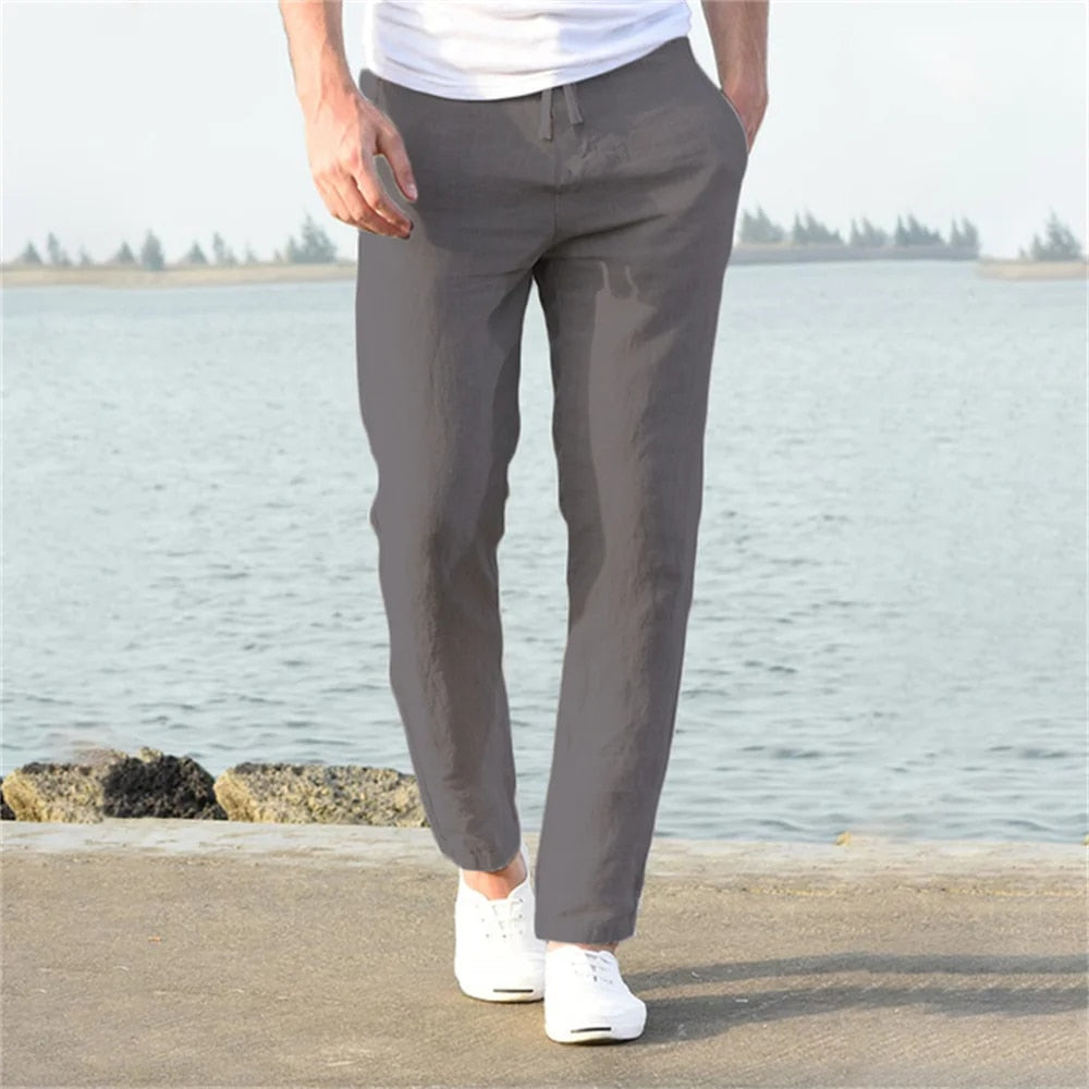 Théo - Pantalon en Lin Homme Casual avec Cordon de Serrage et Coupe Droite