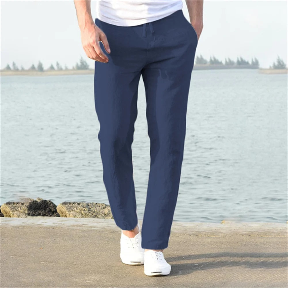 Théo - Pantalon en Lin Homme Casual avec Cordon de Serrage et Coupe Droite
