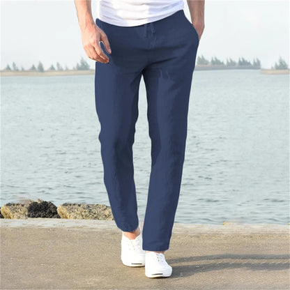 Théo - Pantalon en Lin Homme Casual avec Cordon de Serrage et Coupe Droite