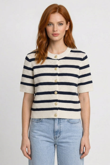 Gilet Femme - Court Rayé avec Boutons Dorés | Casual