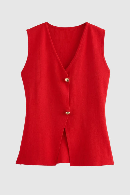 Gilet Femme - Tricoté Sans Manches Col V | Boutons Dorés