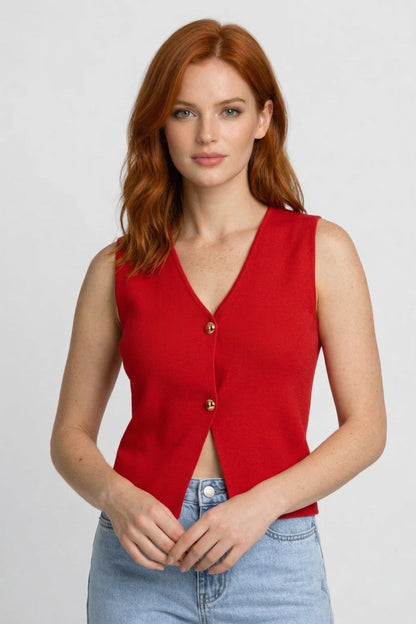 Gilet Femme - Tricoté Sans Manches Col V | Boutons Dorés