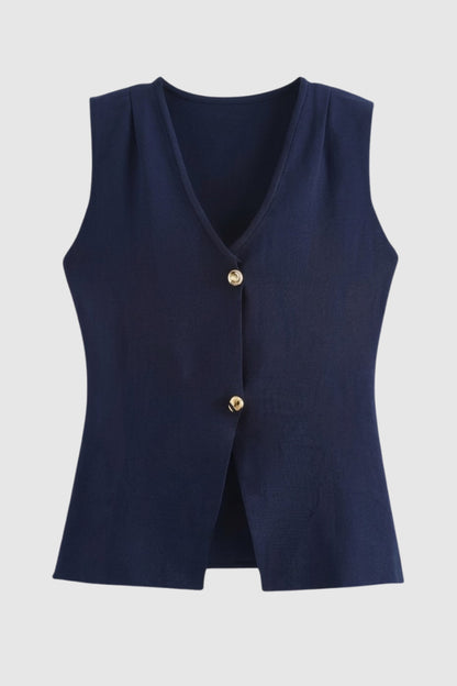 Gilet Femme - Tricoté Sans Manches Col V | Boutons Dorés