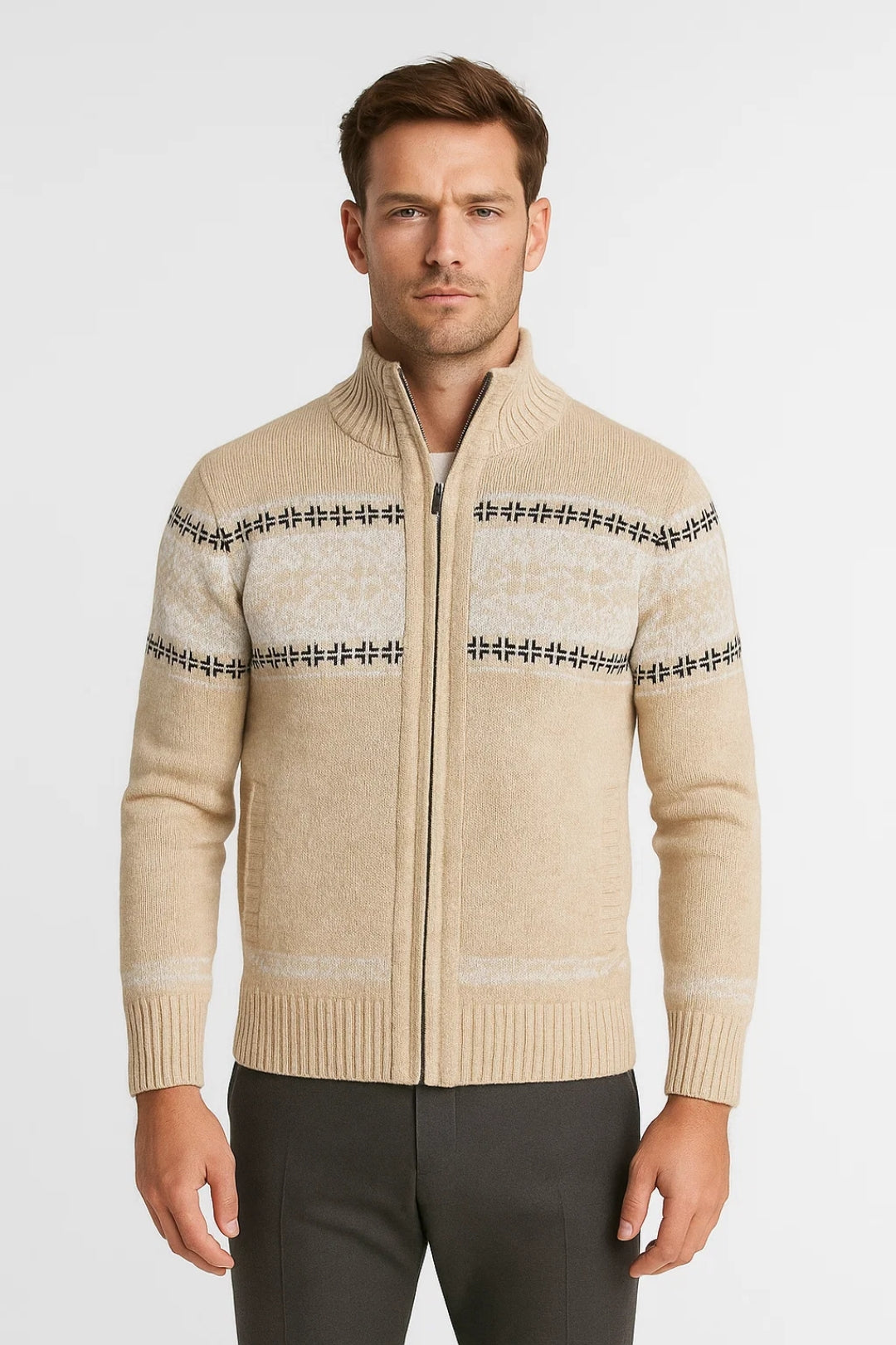 Gilet Homme | Col Montant Zippé Motif Jacquard | Style Hivernal pour Hiver