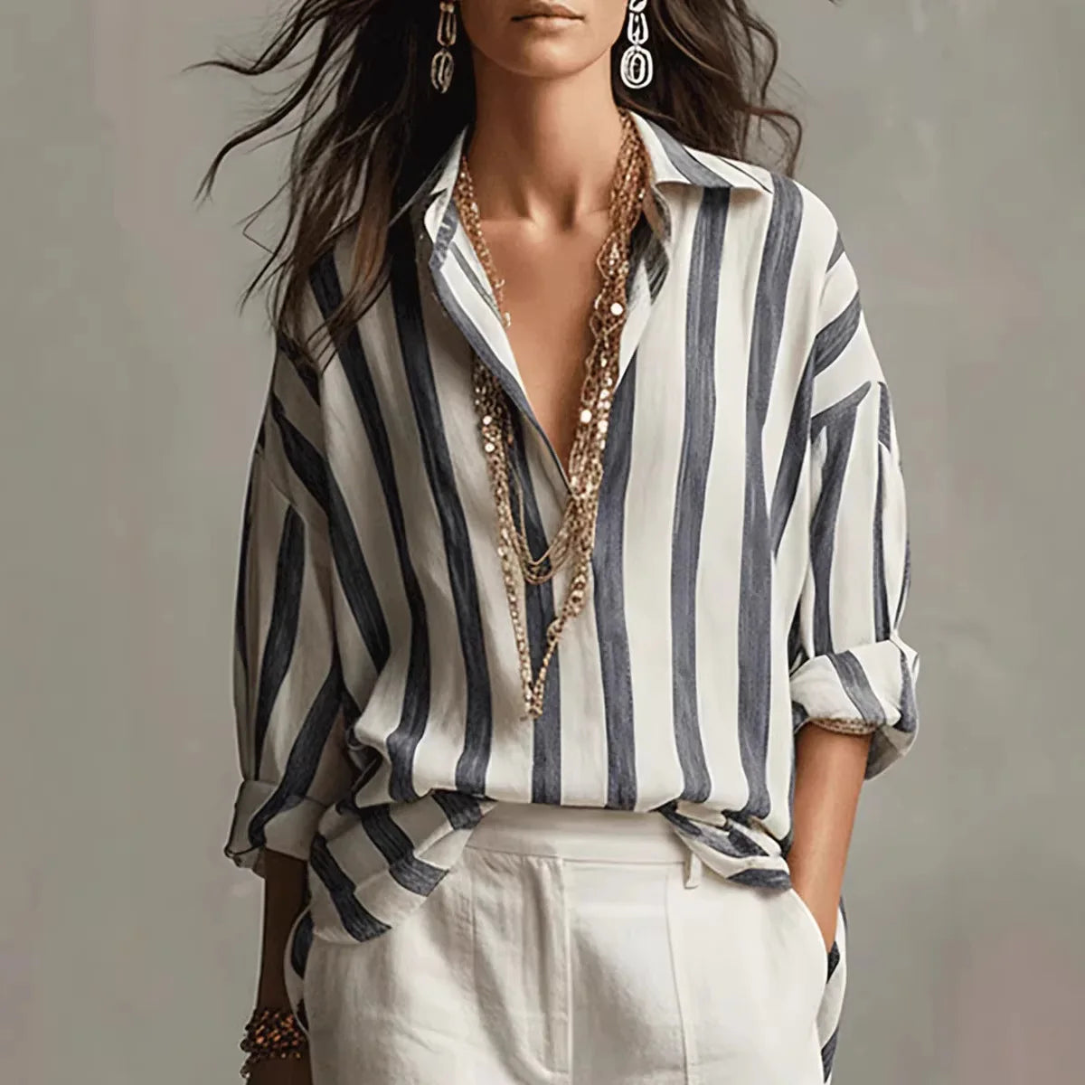 Héloïse - Chemisier en Lin Chic Femme Oversize avec Col Chemise et Rayures