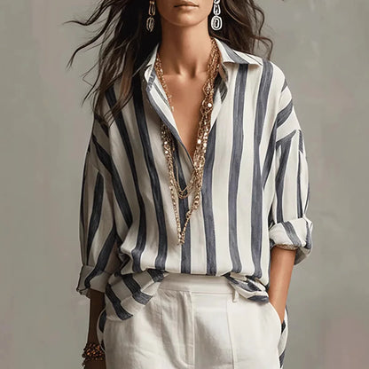 Héloïse - Chemisier en Lin Chic Femme Oversize avec Col Chemise et Rayures