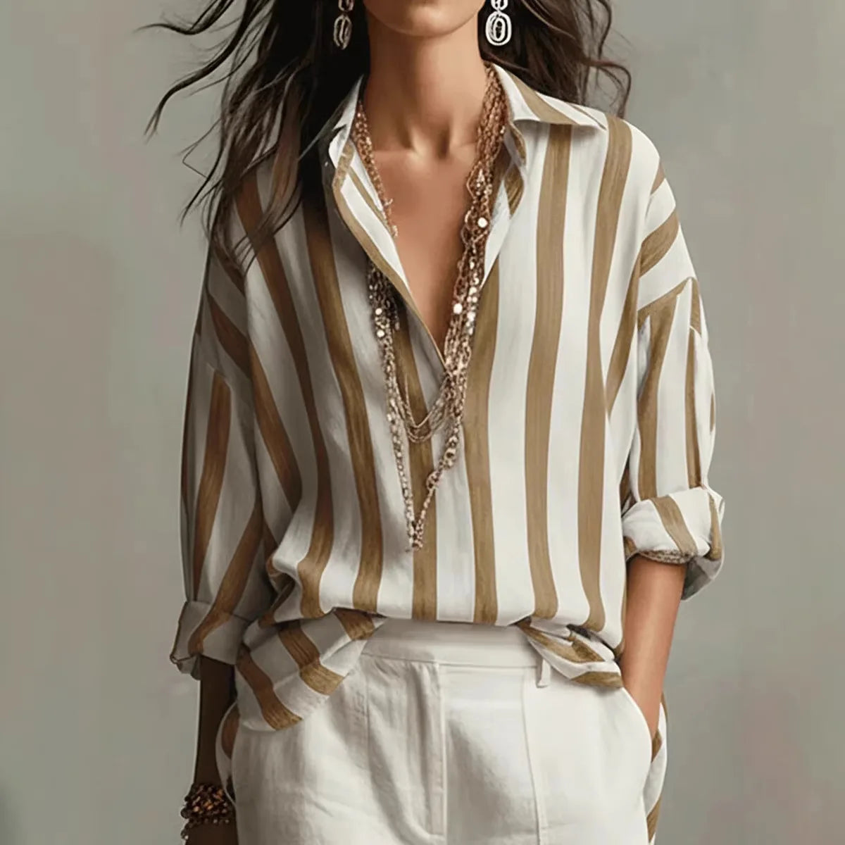 Héloïse - Chemisier en Lin Chic Femme Oversize avec Col Chemise et Rayures