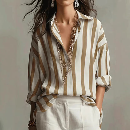 Héloïse - Chemisier en Lin Chic Femme Oversize avec Col Chemise et Rayures