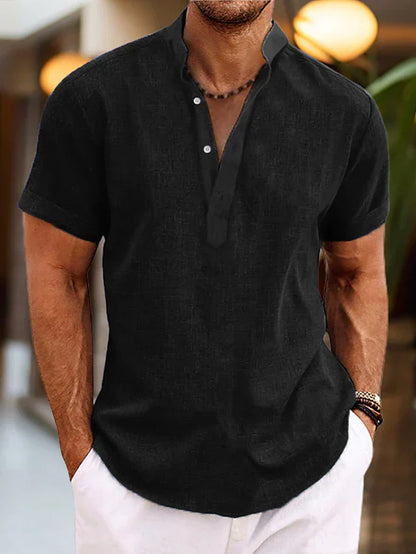 Romain - Chemise en Lin Homme Casual avec Col Mao et Manches Courtes