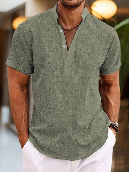 Romain - Chemise en Lin Homme Casual avec Col Mao et Manches Courtes