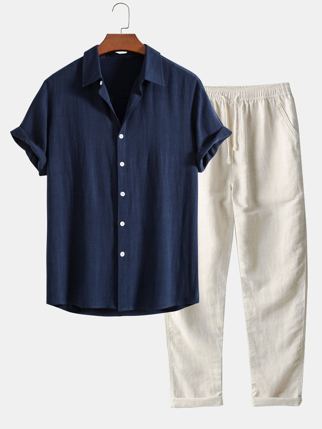 Hugo - Ensemble en Lin 2 Pièces Homme Chemise Manches Courtes et Pantalon Décontracté