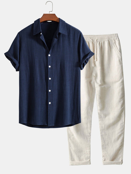 Hugo - Ensemble en Lin 2 Pièces Homme Chemise Manches Courtes et Pantalon Décontracté