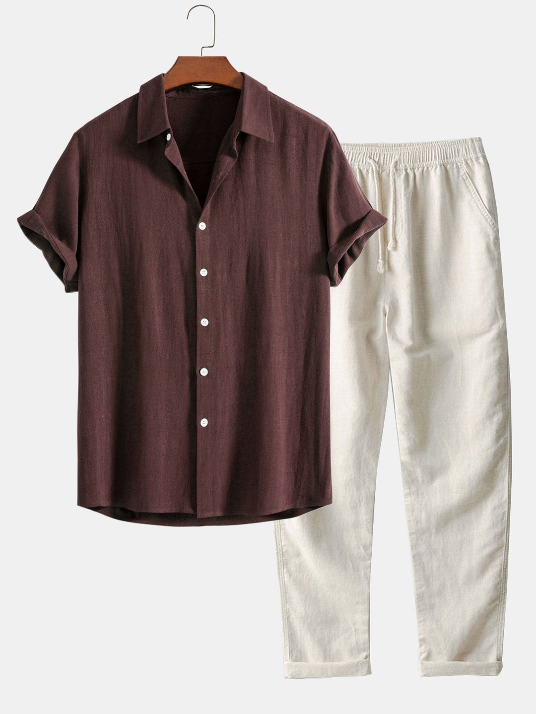 Hugo - Ensemble en Lin 2 Pièces Homme Chemise Manches Courtes et Pantalon Décontracté