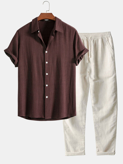 Hugo - Ensemble en Lin 2 Pièces Homme Chemise Manches Courtes et Pantalon Décontracté