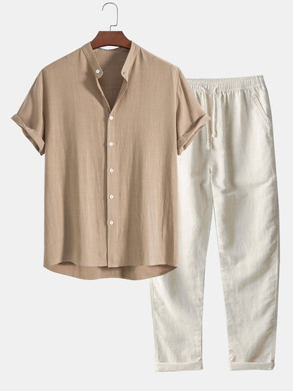 Hugo - Ensemble en Lin 2 Pièces Homme Chemise Manches Courtes et Pantalon Décontracté