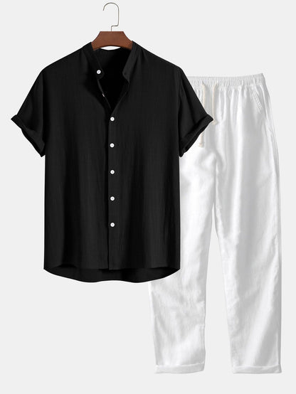 Hugo - Ensemble en Lin 2 Pièces Homme Chemise Manches Courtes et Pantalon Décontracté