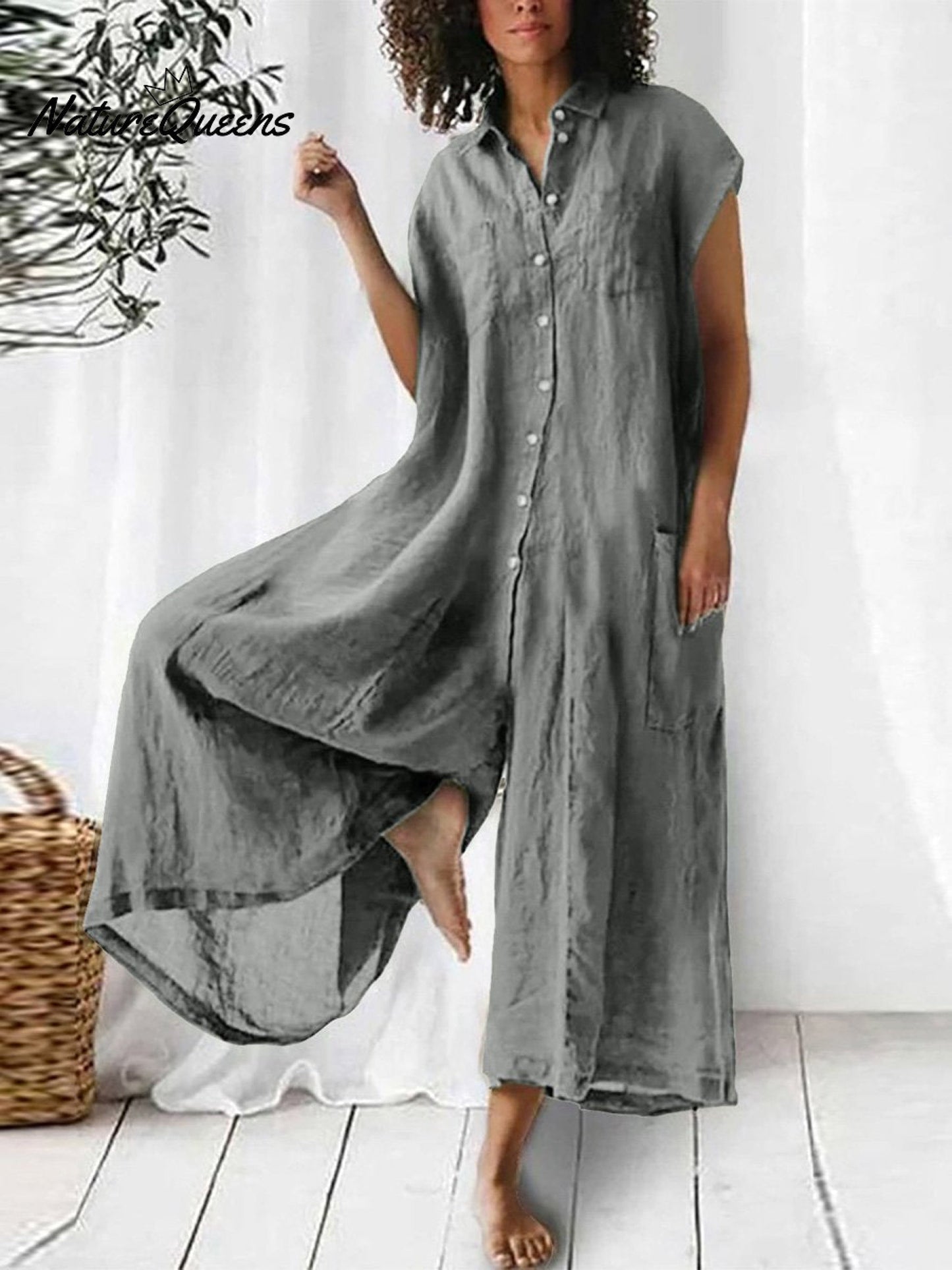 Inès - Combinaison en Lin Bohème Femme Boutonnée avec Col Chemise et Coupe Ample Asymétrique
