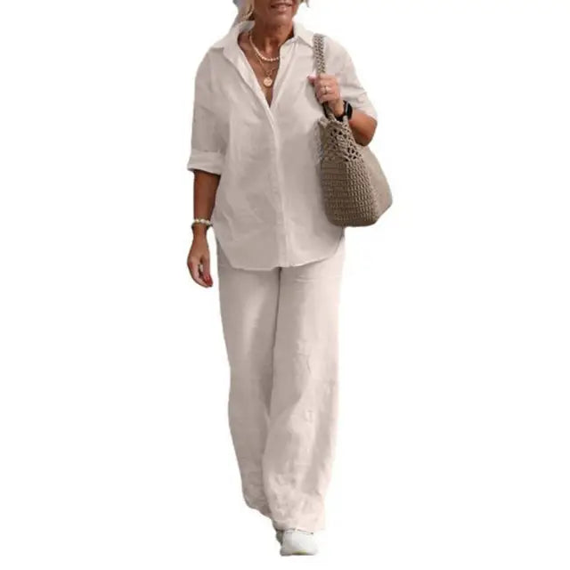 Léa - Ensemble en Lin Femme Chic avec Chemise Boutonnée et Pantalon Large
