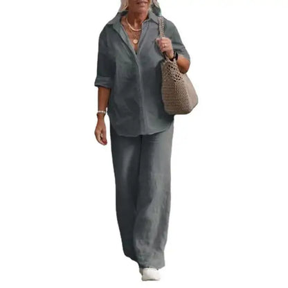 Léa - Ensemble en Lin Femme Chic avec Chemise Boutonnée et Pantalon Large