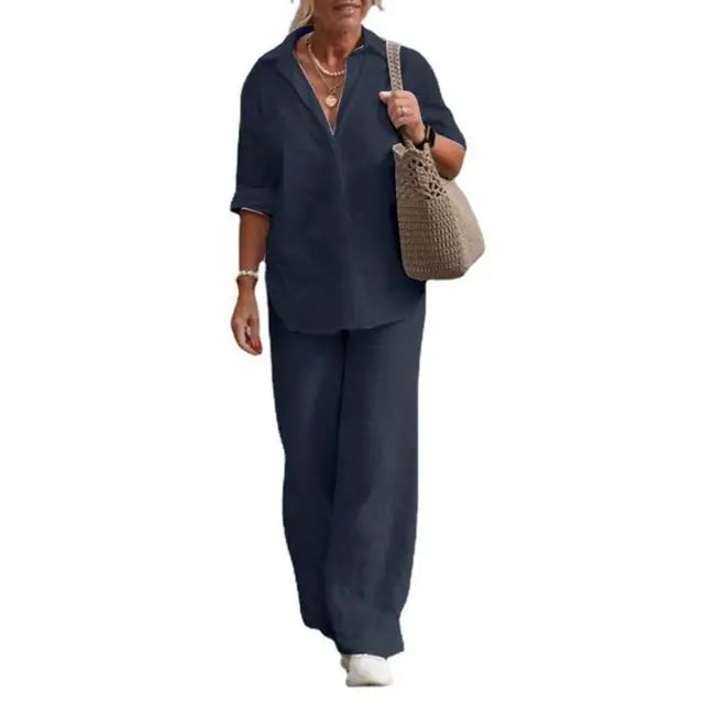 Léa - Ensemble en Lin Femme Chic avec Chemise Boutonnée et Pantalon Large