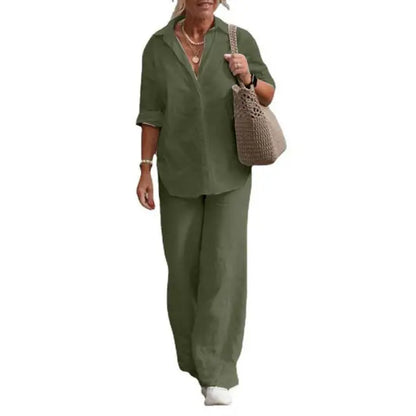 Léa - Ensemble en Lin Femme Chic avec Chemise Boutonnée et Pantalon Large