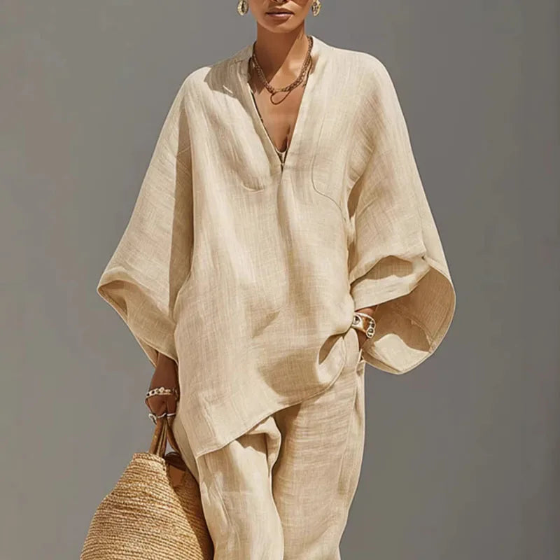 Inès - Ensemble en Lin 2 Pièces Femme Top Oversize Casual avec Col V et Pantalon Fuselé