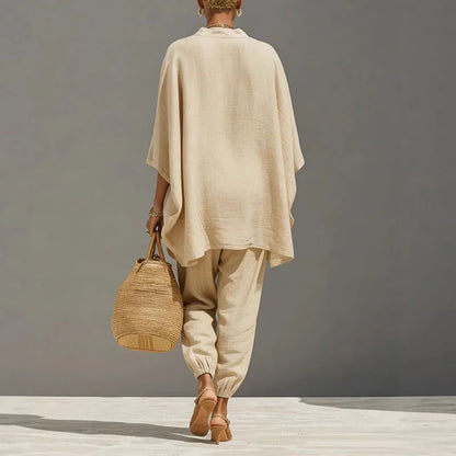 Inès - Ensemble en Lin 2 Pièces Femme Top Oversize Casual avec Col V et Pantalon Fuselé