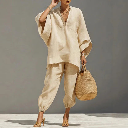 Inès - Ensemble en Lin 2 Pièces Femme Top Oversize Casual avec Col V et Pantalon Fuselé
