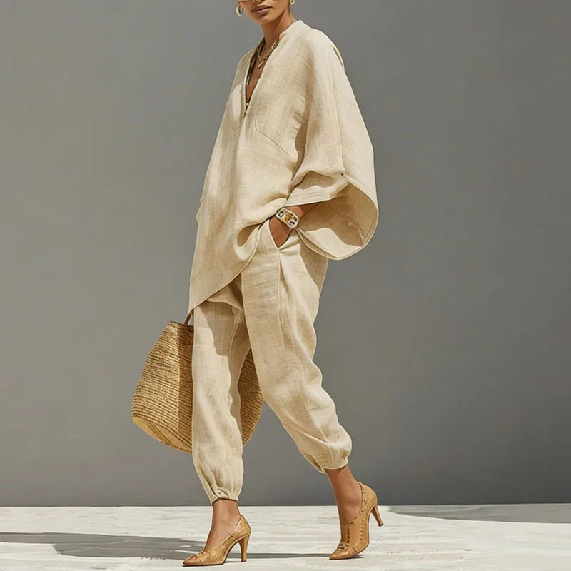 Inès - Ensemble en Lin 2 Pièces Femme Top Oversize Casual avec Col V et Pantalon Fuselé