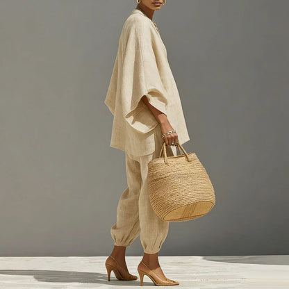 Inès - Ensemble en Lin 2 Pièces Femme Top Oversize Casual avec Col V et Pantalon Fuselé