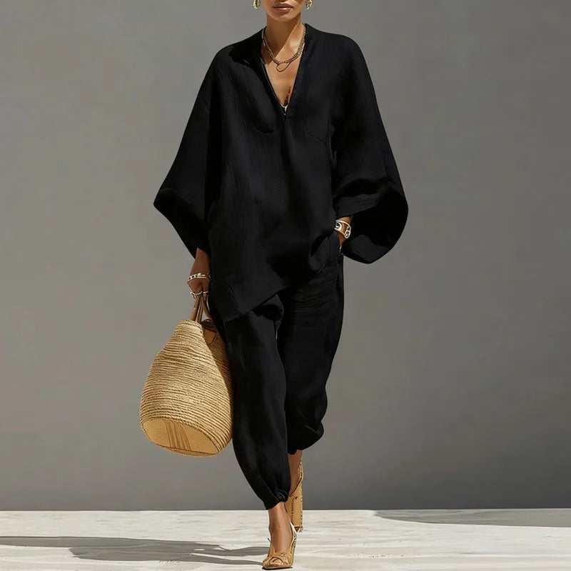 Inès - Ensemble en Lin 2 Pièces Femme Top Oversize Casual avec Col V et Pantalon Fuselé