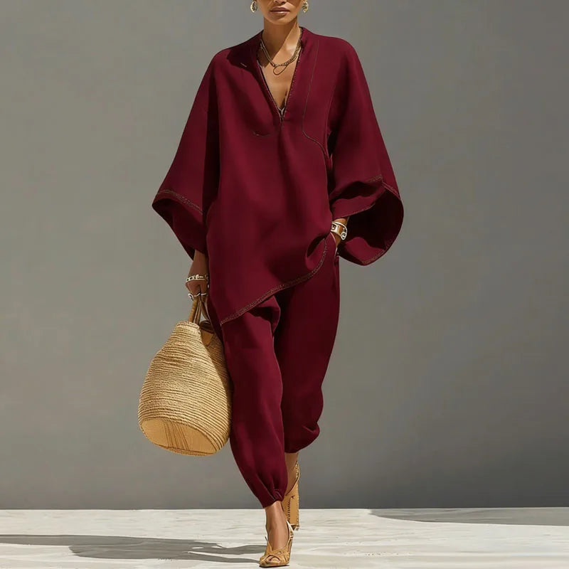 Inès - Ensemble en Lin 2 Pièces Femme Top Oversize Casual avec Col V et Pantalon Fuselé