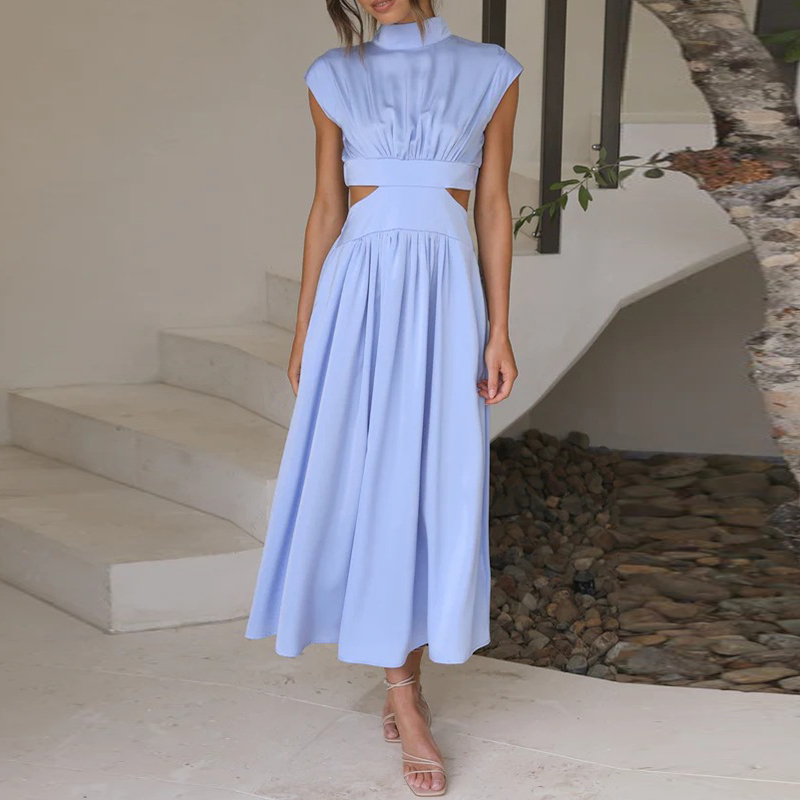 Inès - Robe Invitée Mariage Femme Tendance Col Montant Découpée à la Taille et Jupe Évasée