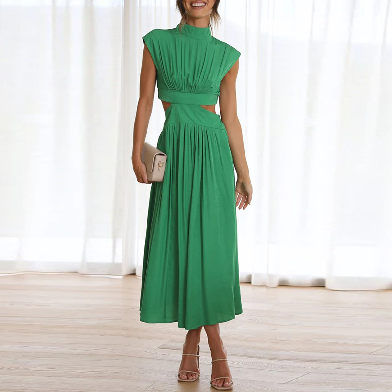Inès - Robe Invitée Mariage Femme Tendance Col Montant Découpée à la Taille et Jupe Évasée