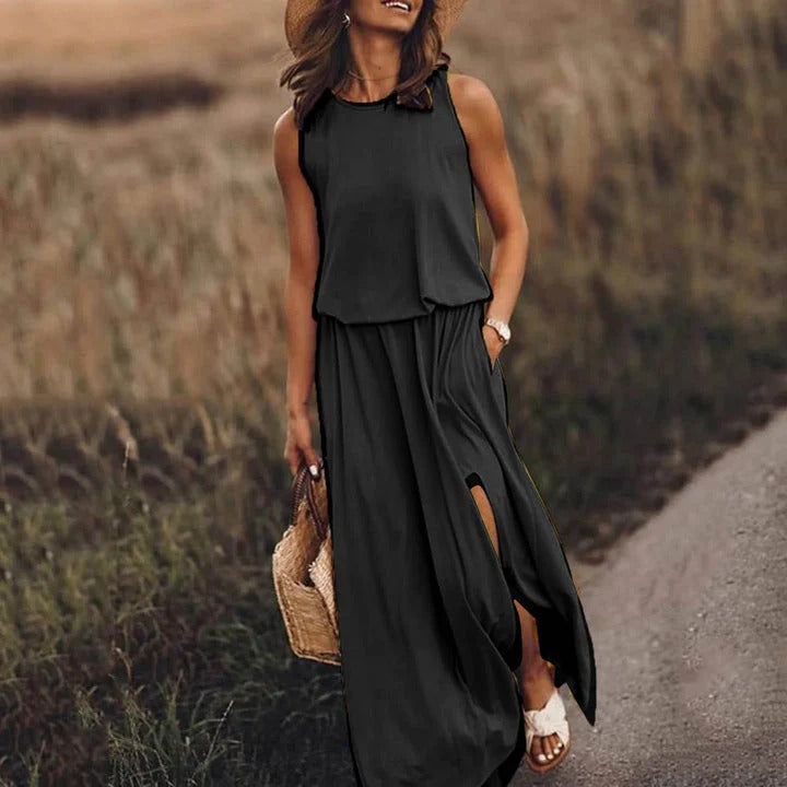 Camille - Robe Élégante Invitée Mariage Femme sans Manches avec Fente et Poches